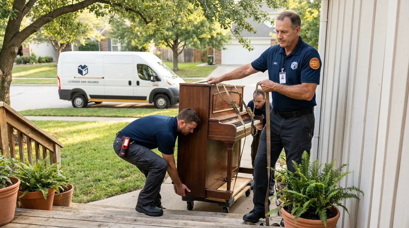 Licensed piano movers securing grand piano in Glenwood City, WI
