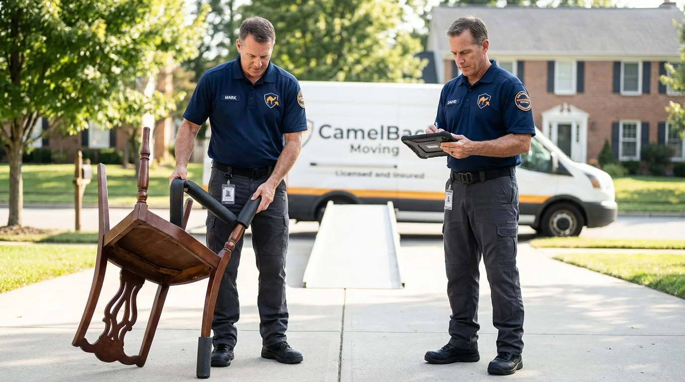 Movers inspecting furniture for damage prevention before loading in Glenwood City, WI