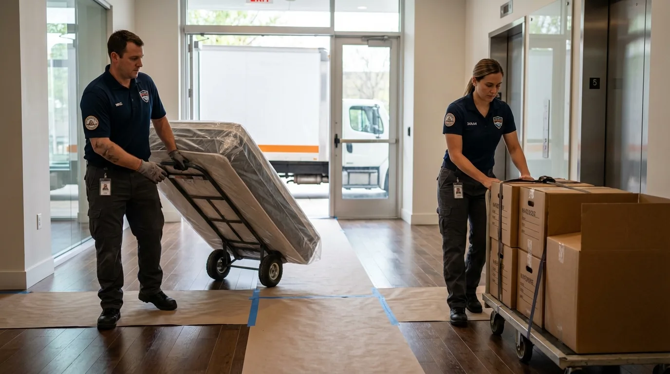 Professional apartment movers loading elevator in Glenwood City, WI
