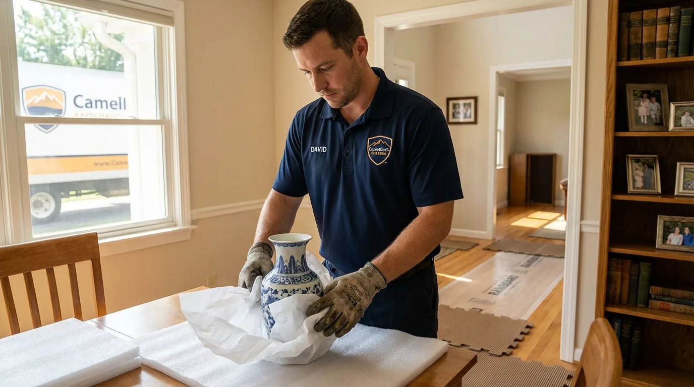 Professional crew carefully wrapping antique vase for senior downsizing move in Glenwood City, WI